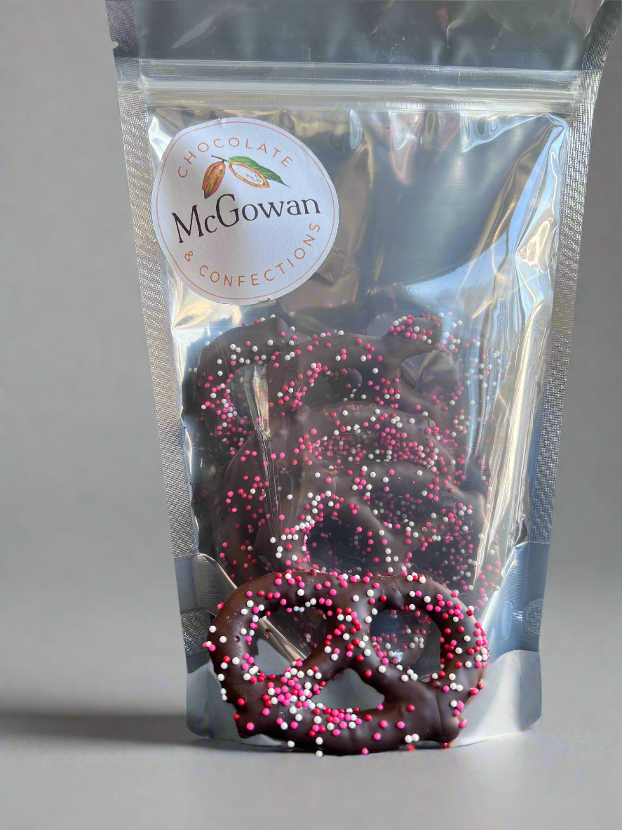Bag of McGowan Chocolate Dark Covered Pretzels