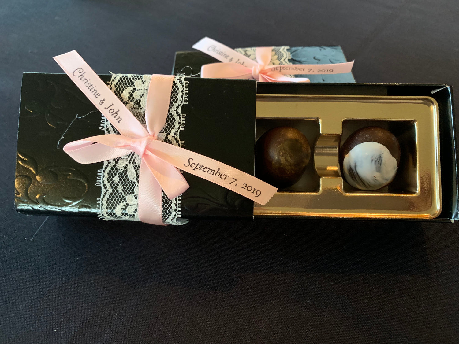 2 piece custom chocolate wedding favor in black slide box