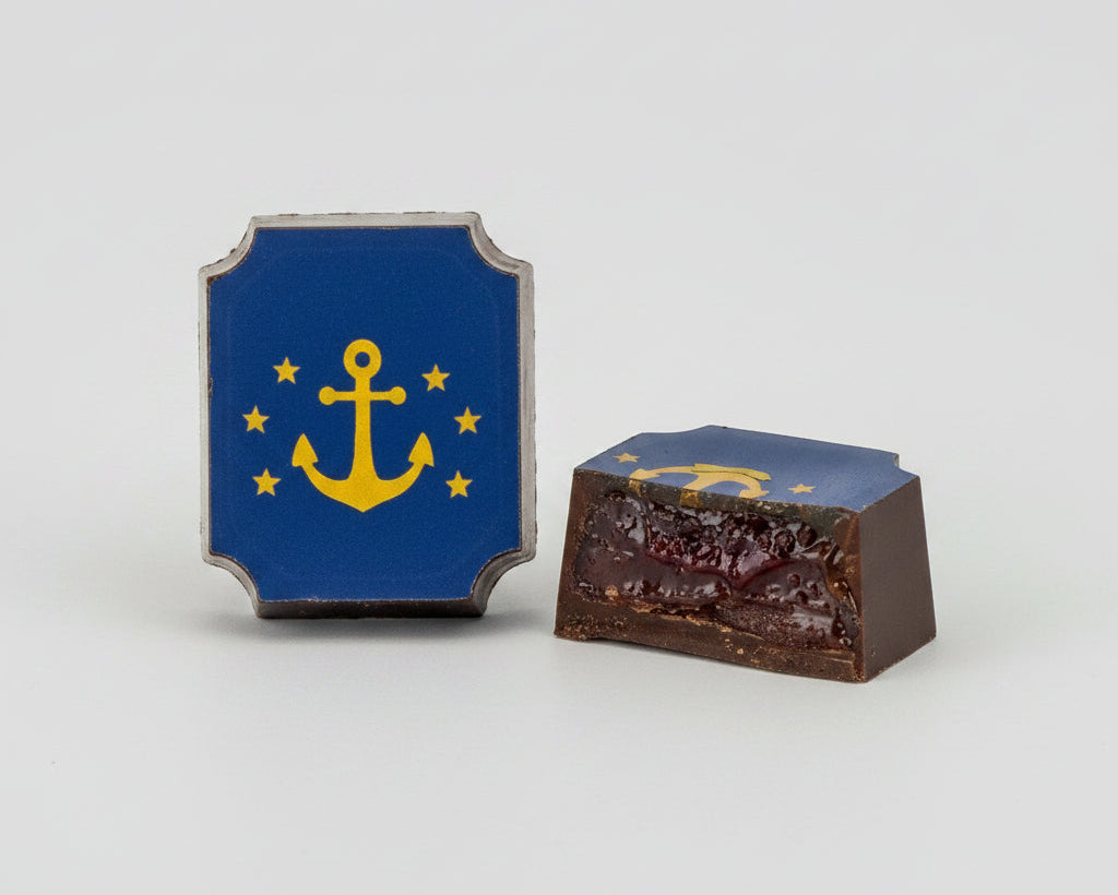 A  blue and yellow anchor-and-stars  chocolate bonbon sliced in two to show  dark chocolate raspberry filling and dark chocolate ganache.