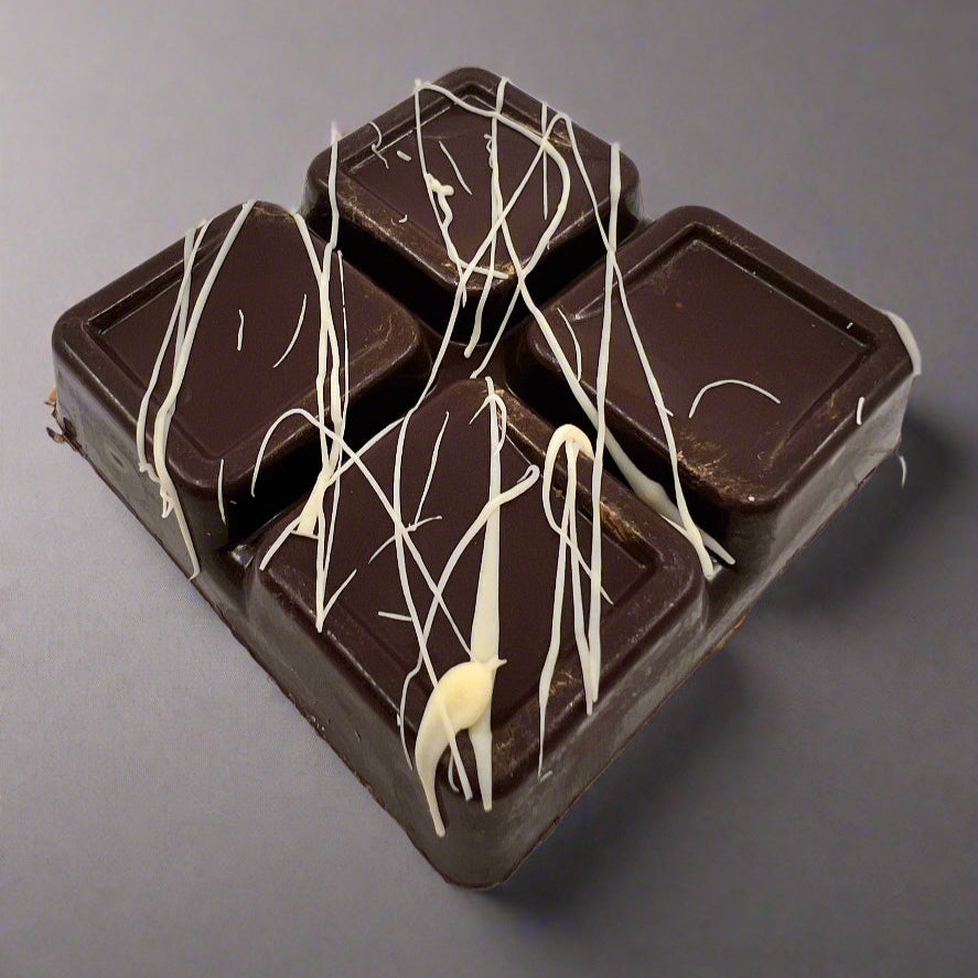 Dark Chocolate Caramel Sea Salt bar with white chocolate decoration